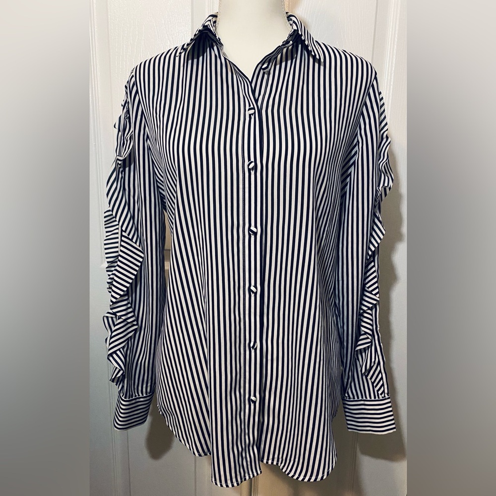 Banana Republic Striped Navy and White Dillon Shirt with Ruffle Sleeves Size S